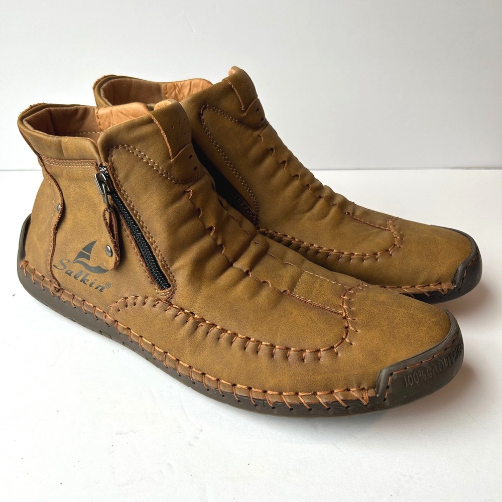 Salkin Ankle Boots Mens 48 Brown Vegan Hiking Barefoot Side Zip Casual Shoes